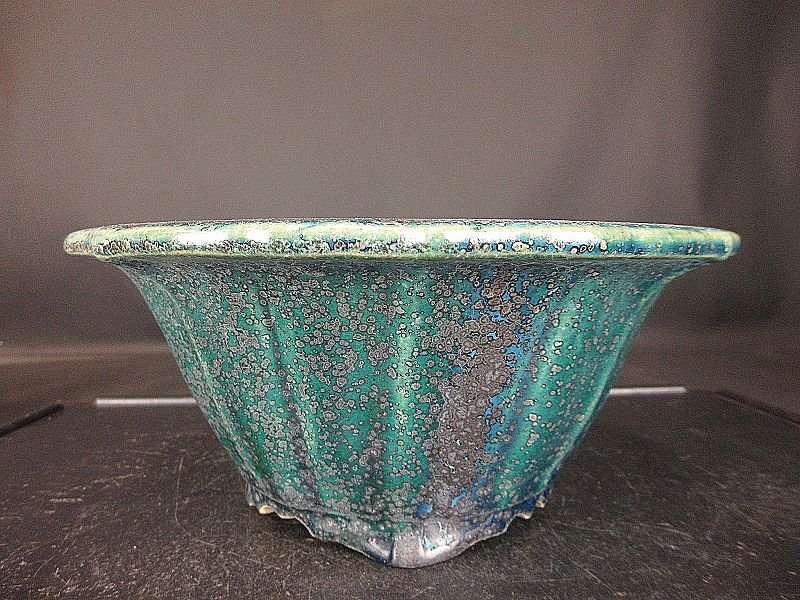 【盆栽 樂屋】◆相羽鴻陽 織部結晶釉輪花丸鉢 B44 (人気釉薬作家)(中品盆栽鉢)(未使用品)◆7/13