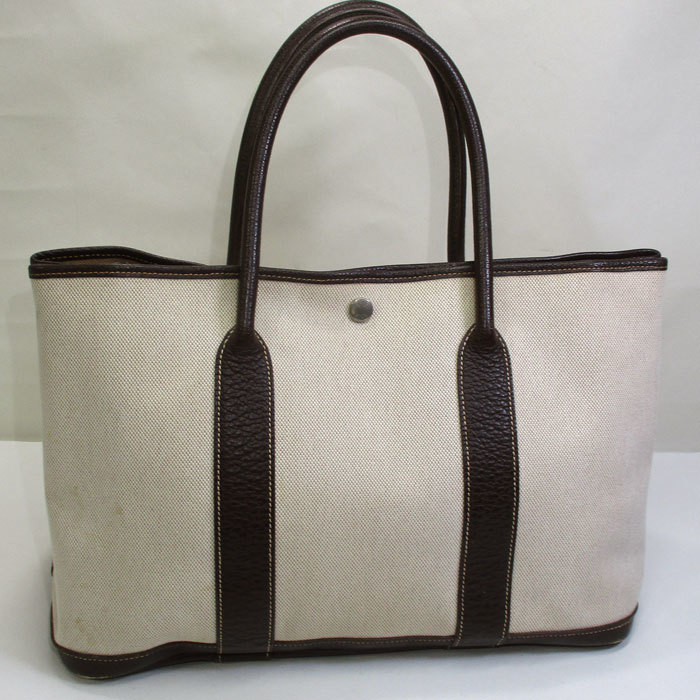 【中古】HERMES ガーデンパーティ PM 36 トートバッグ トワルアッシュ キャンバス レザー ベージュ ブラウン □H刻印
