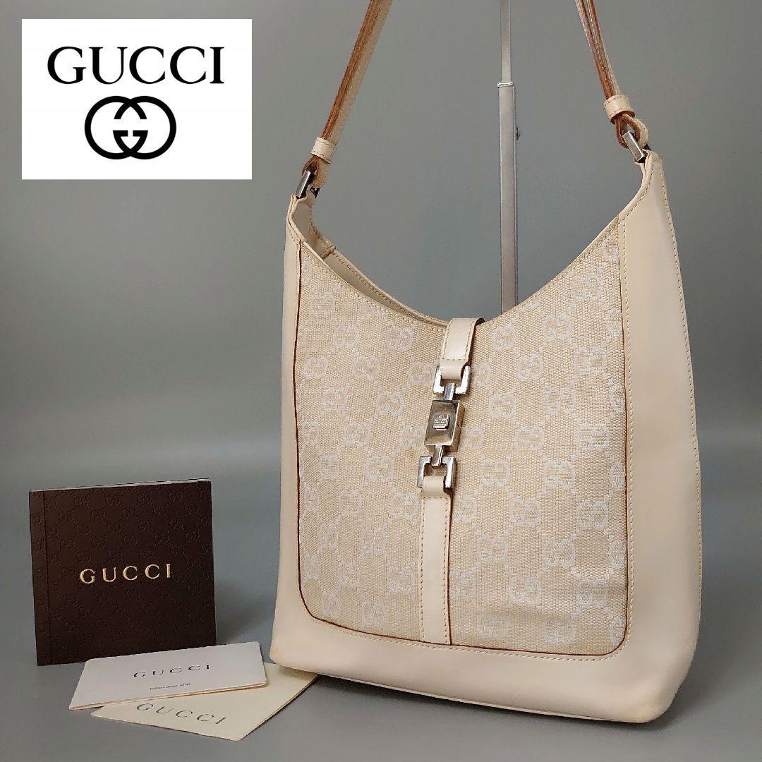 1円～ GUCCI グッチ ワンショルダーバッグ ジャッキー GG キャンバス×レザー ホワイト ベージュ 肩掛け トート ロゴ刻印 レディース