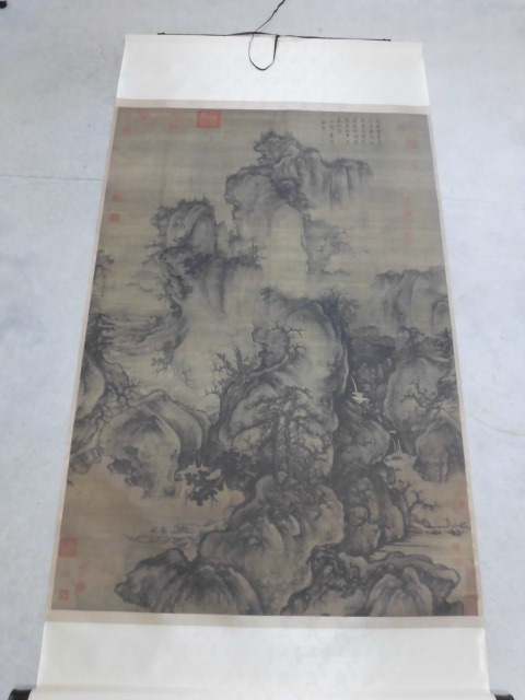 ☆ 宋 郭煕 二玄社 掛軸 中国画 早春図 共箱 絹本 風景画 山水画 在銘