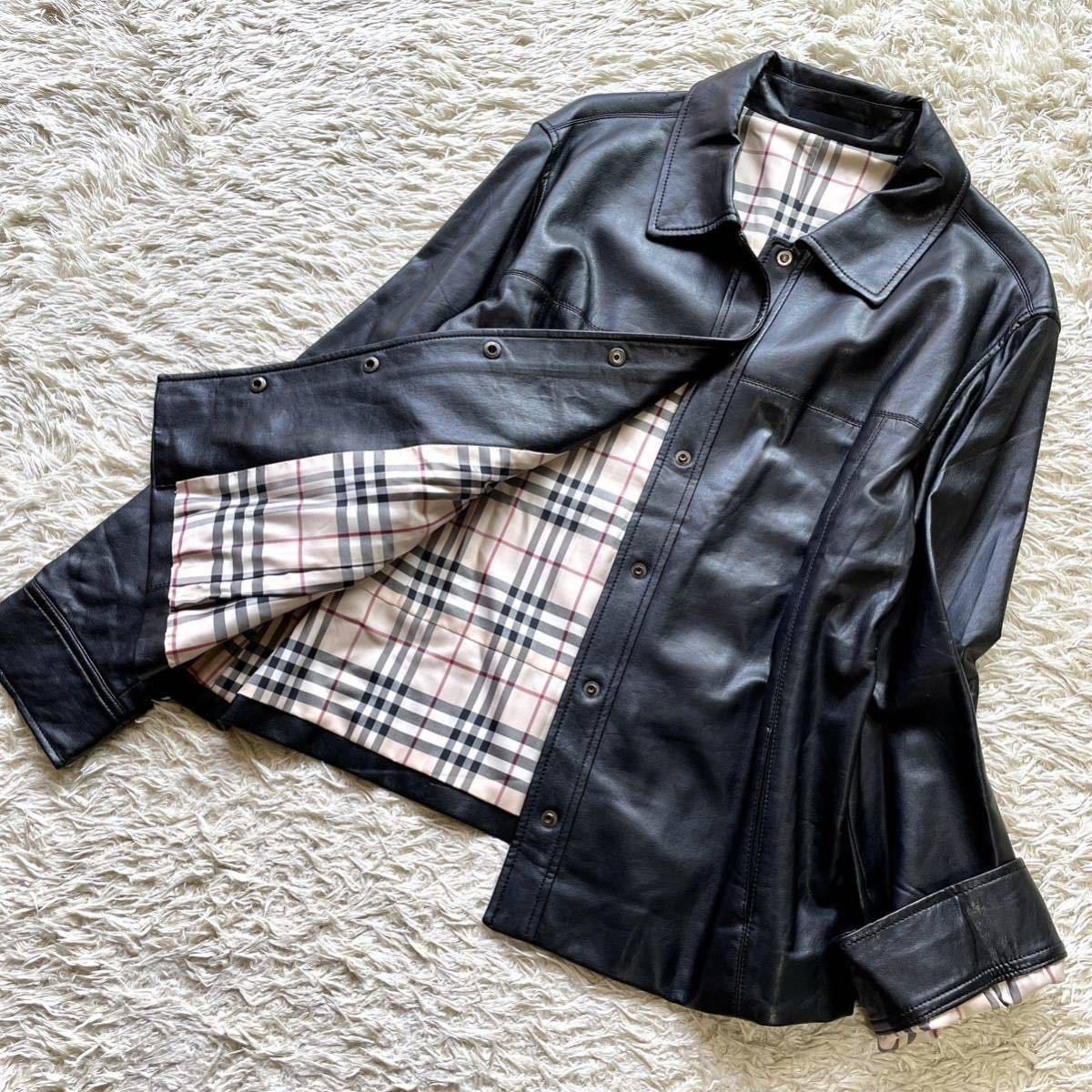 大きいサイズ 15号☆ BURBERRY LONDON バーバリーロンドン Fレザー ジャケット ノバチェック柄 アウター ブルゾン 黒 ブラック
