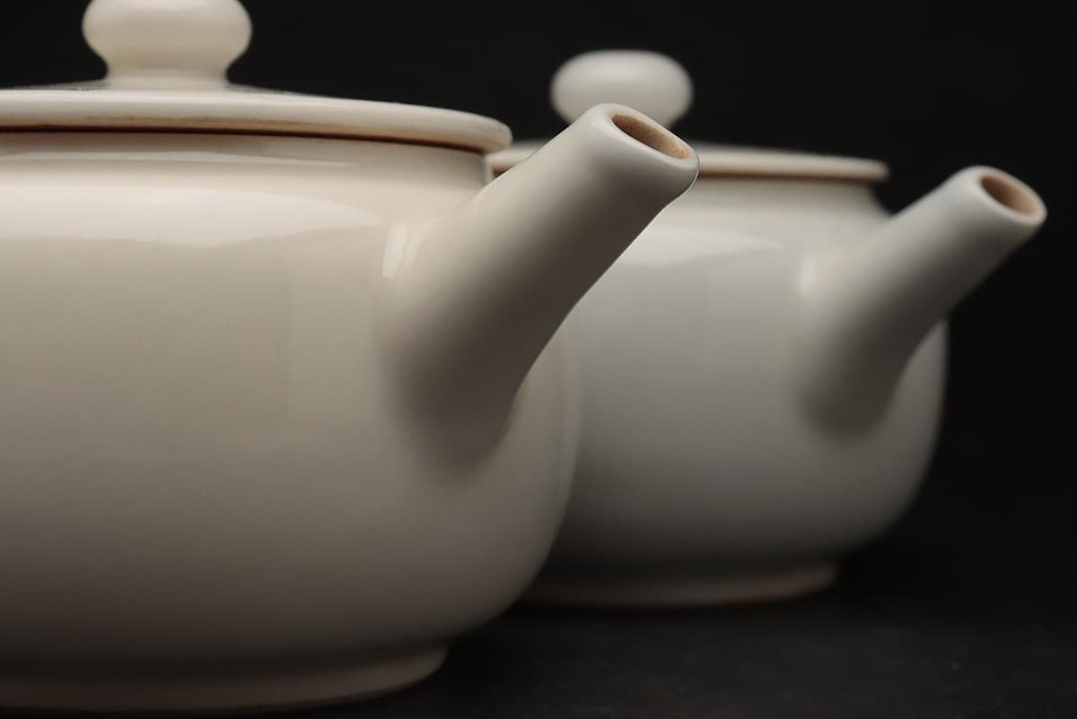 EL820 煎茶道具【真葛香斎 造/一茶花押】白磁 砲口 後手急須 一双