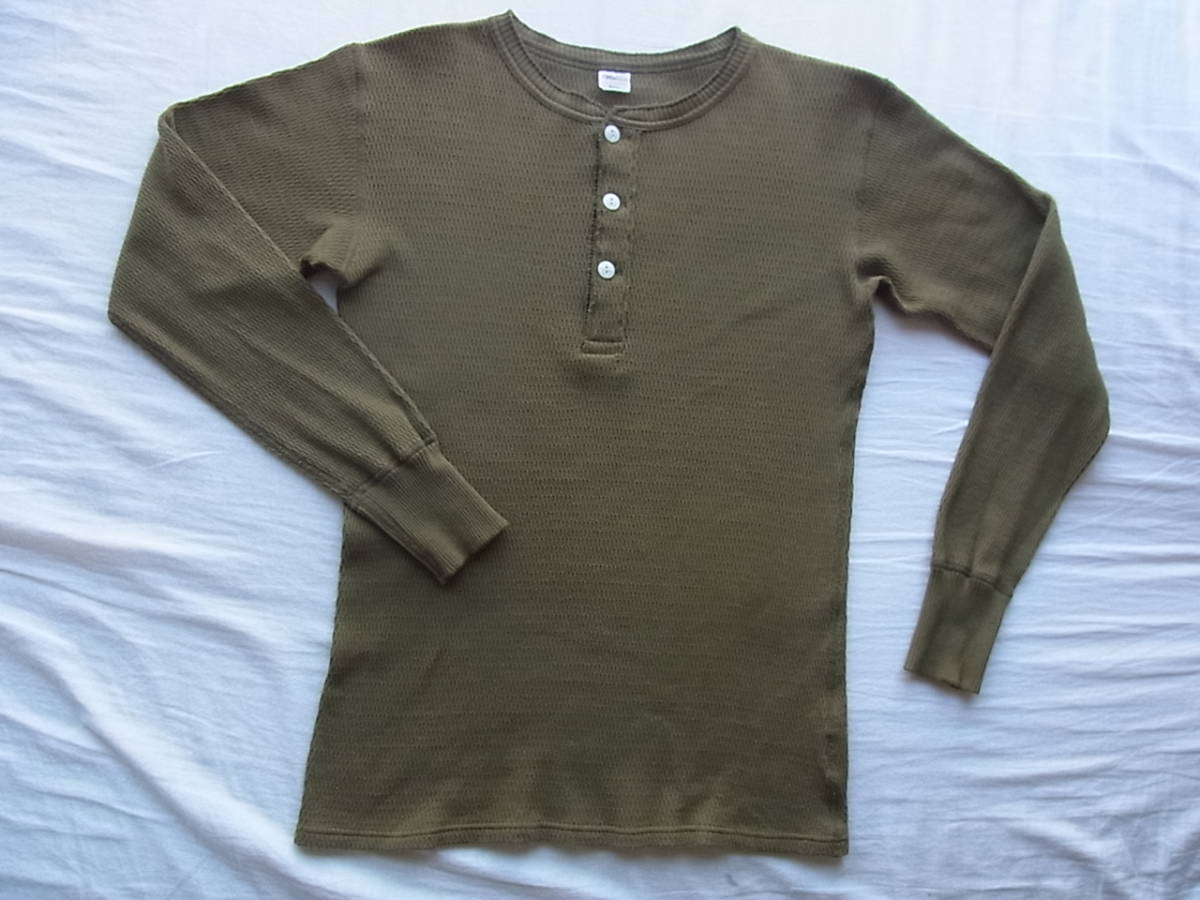 Warehouse ウェアハウス ハニカムワッフル素材 長袖ヘンリーネックTシャツ サイズ S 日本製 ミリタリーオリーブ