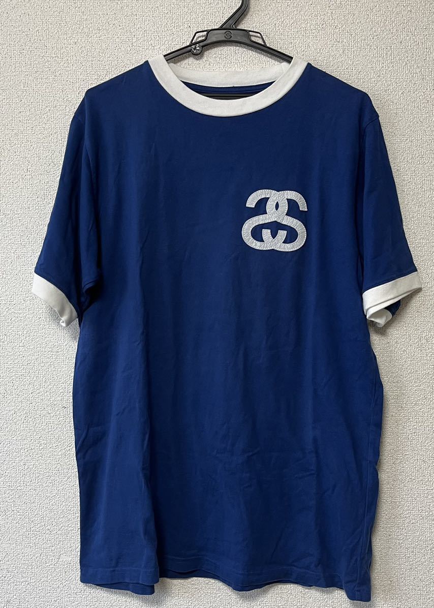 STUSSY ステューシー フェルトトリム Tシャツ ブルー Mサイズ tee 00s ビンテージ レア 希少 OLD STUSSY 90s 80s nike シャネルロゴ 古着
