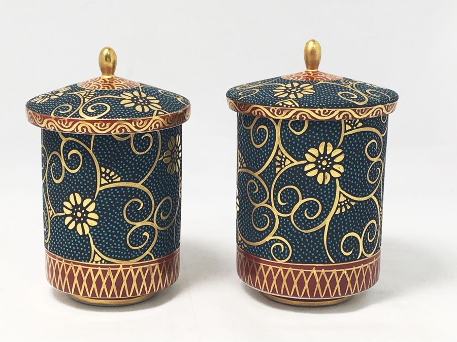 九谷焼 未使用 九谷焼 大雅堂造 本金青粒鉄仙 蓋付組