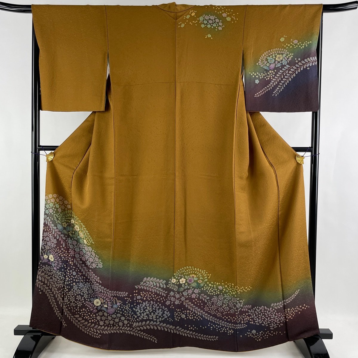 訪問着 美品 名品 辻が花柄 銀通し ぼかし 山吹茶色 袷 身丈162cm 裄丈66cm M 正絹 【中古】