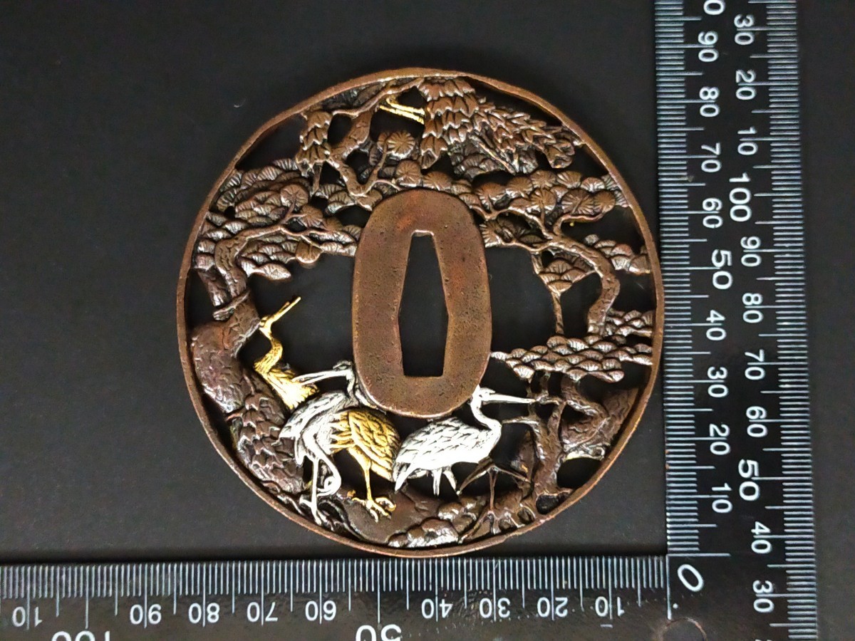 Q6903 刀鍔 鶴の図 銅地 絵金銀 日本刀装具 刀剣美術 鍔 つば 鐔 刀鐔