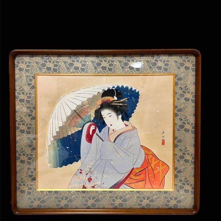 ☆美人画巨匠・伊東深水・木版画・「手鏡」・額装☆