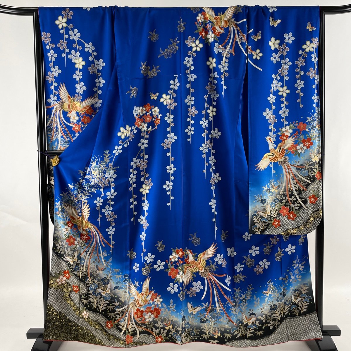 振袖 秀品 鳳凰 草花 金糸 金彩 青 袷 身丈163.5cm 裄丈69.5cm