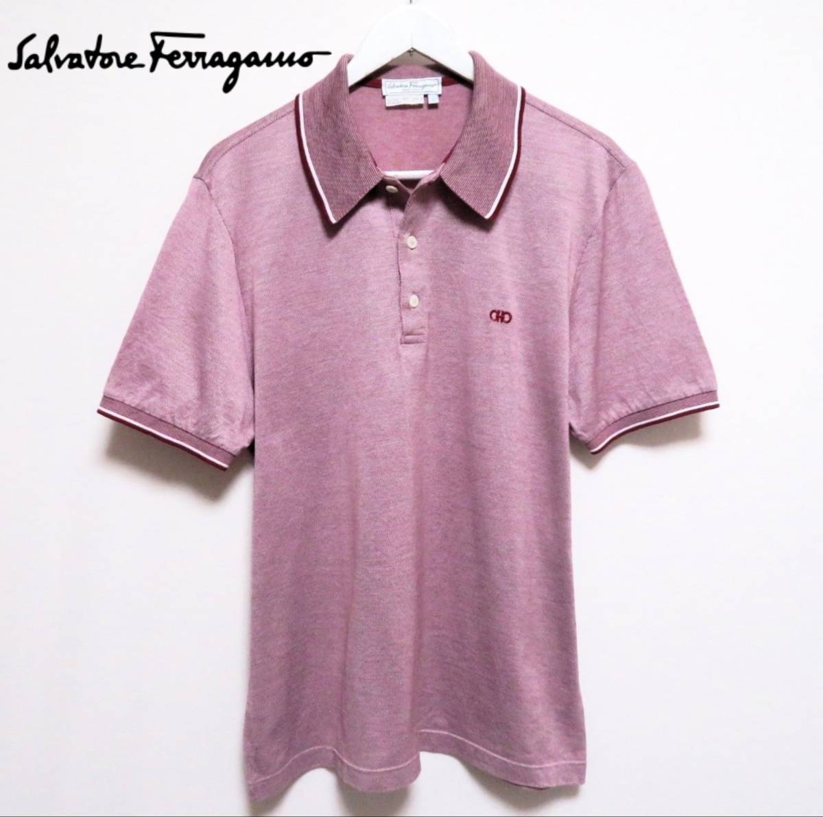 イタリア製 SalvatoreFerragamo サルヴァトーレフェラガモ ポロシャツ コットン100％ ガンチーニ刺繍 半袖トップス メンズウエア Lサイズ