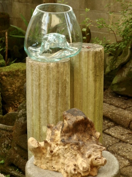 吹きガラスの花瓶+流木台座 h32cm アクアリウム水槽 テラリウム ガラス