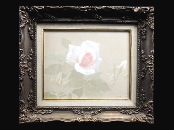 真作/中田誠/「白桃色のバラ/薔薇」/3号/油彩/額装品/サイン入り/共