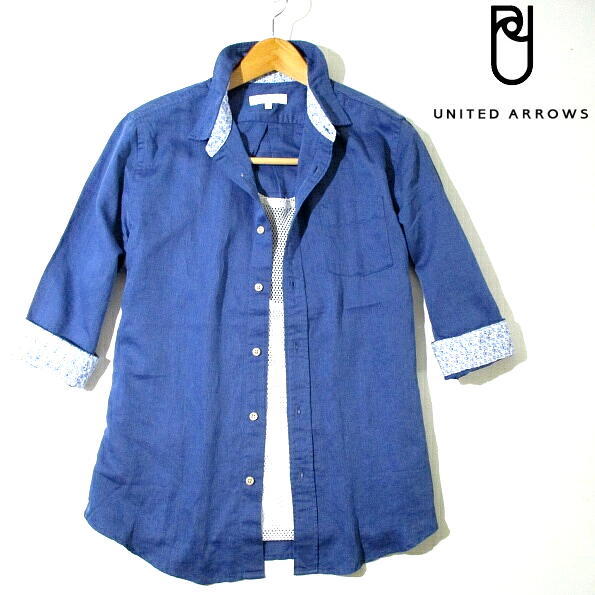 ▼ ユナイテッドアローズ　七分袖シャツ　小花柄　紺　ネイビー　リネン　麻混　UNITED ARROWS　Lサイズ　7分　アローズ　晩夏