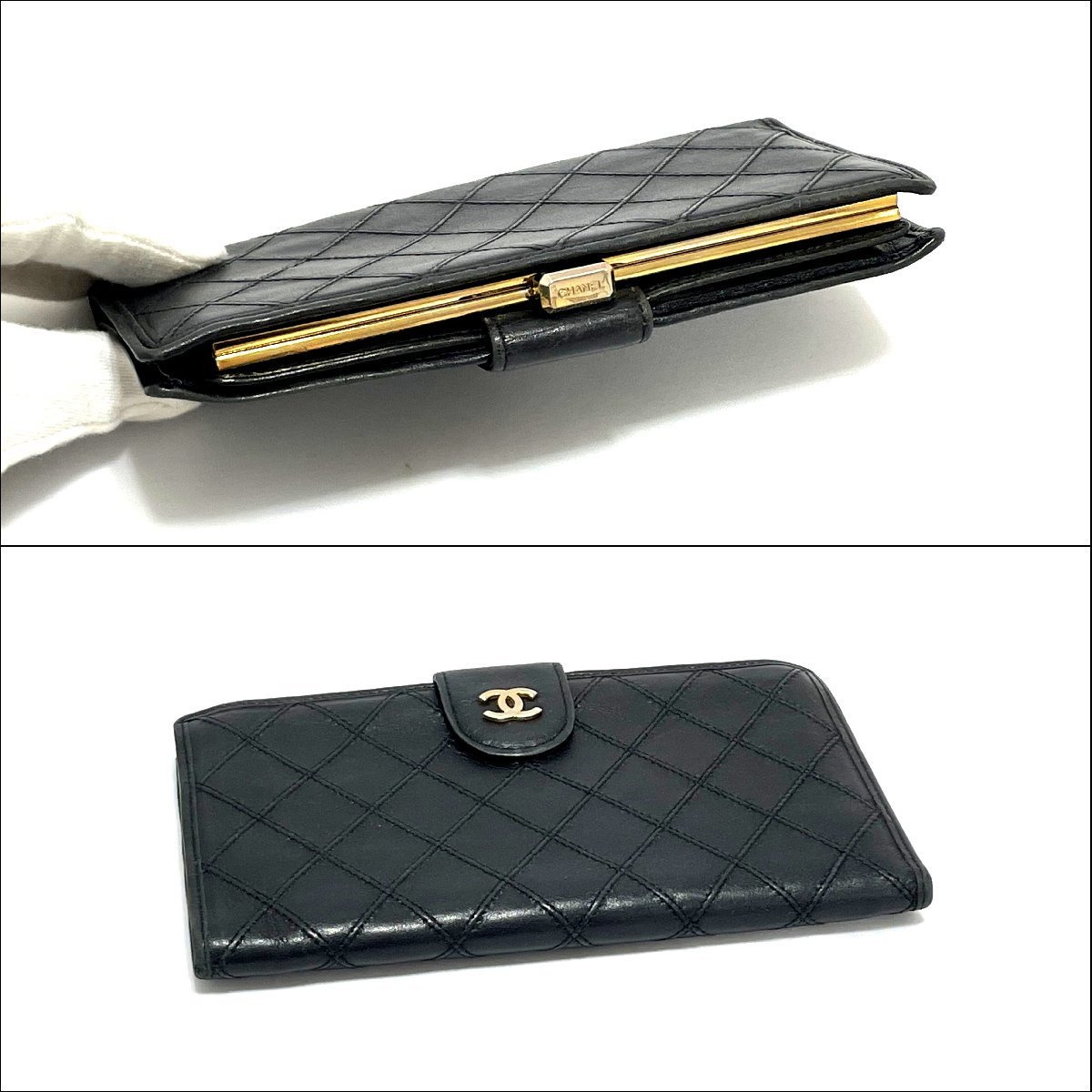 CHANEL シャネル がま口 二つ折り 長財布 ラムスキン レザー ブラック