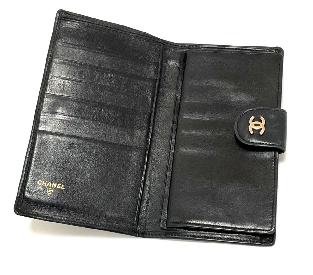 CHANEL シャネル がま口 二つ折り 長財布 ラムスキン レザー ブラック