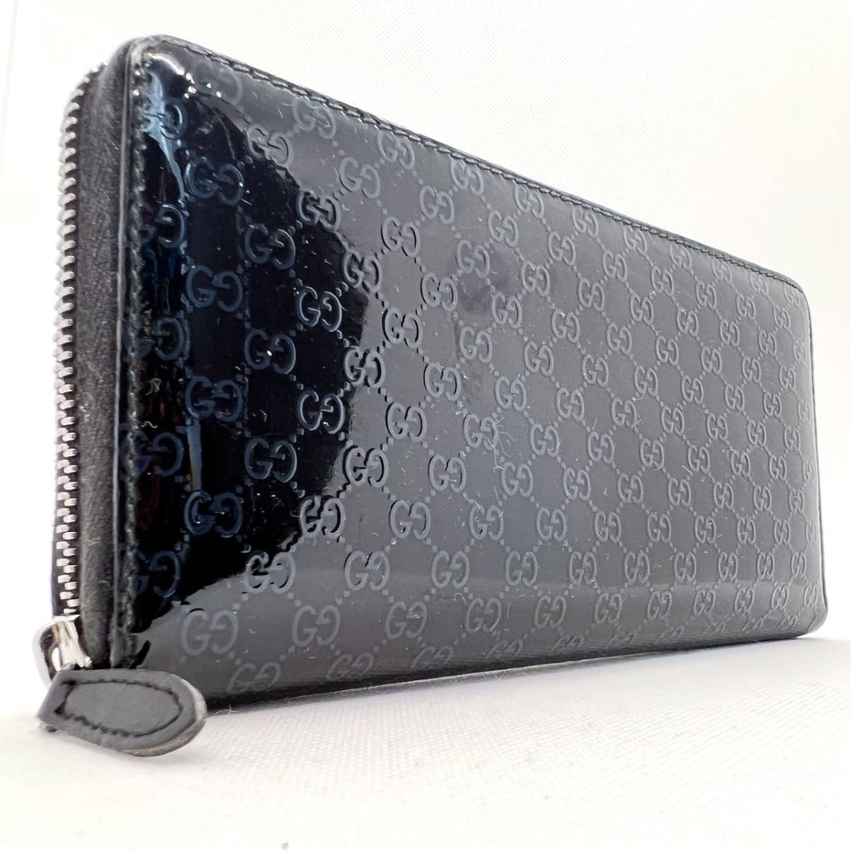 GUCCI グッチ 長財布 マイクロシマ GG エナメル ラウンドジップ レザー メンズ 青 ブルー ネイビー 