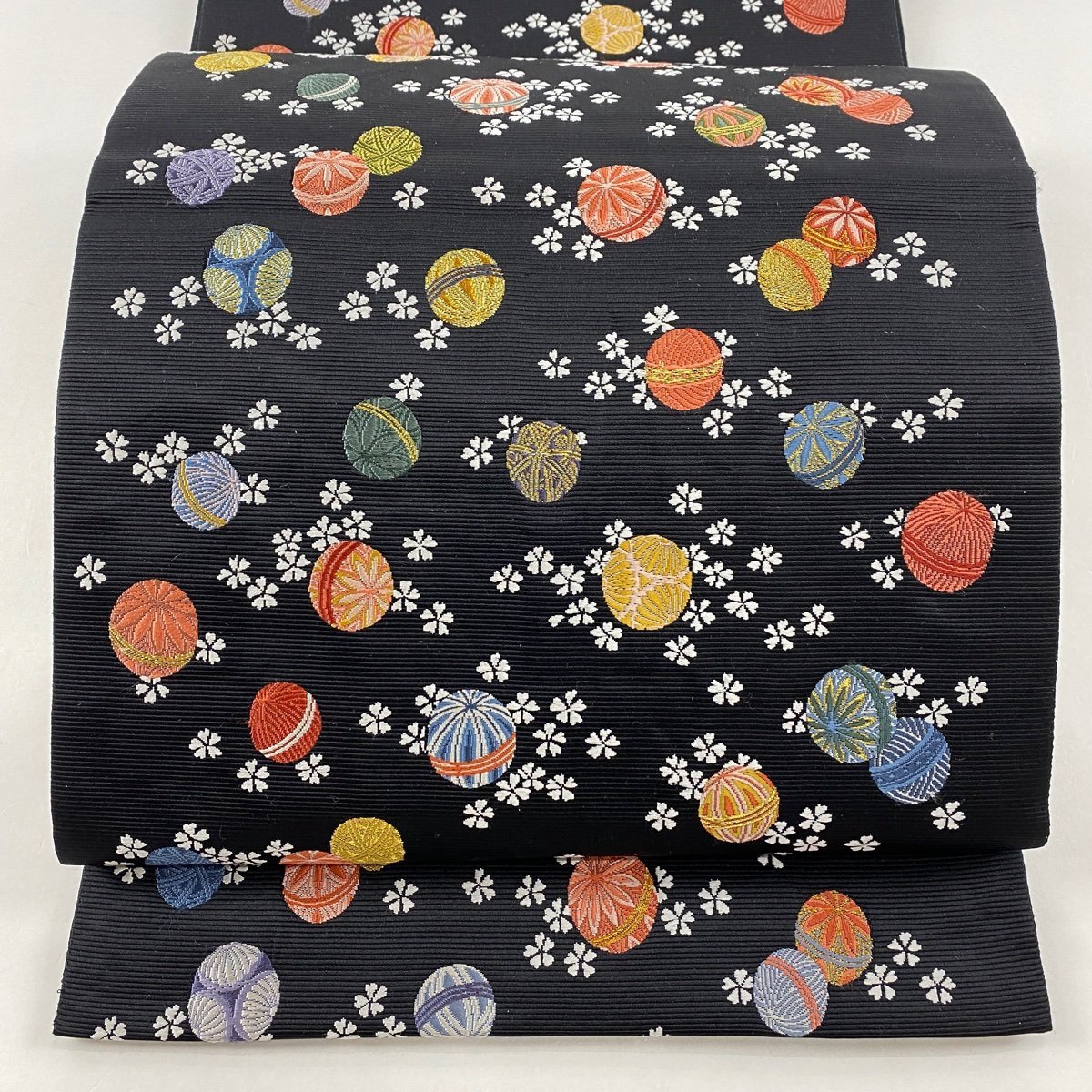 袋帯 名品 六通 正絹 中古 美品 箔 金糸 桜 by 金銀糸 菊 華文 草花 黒