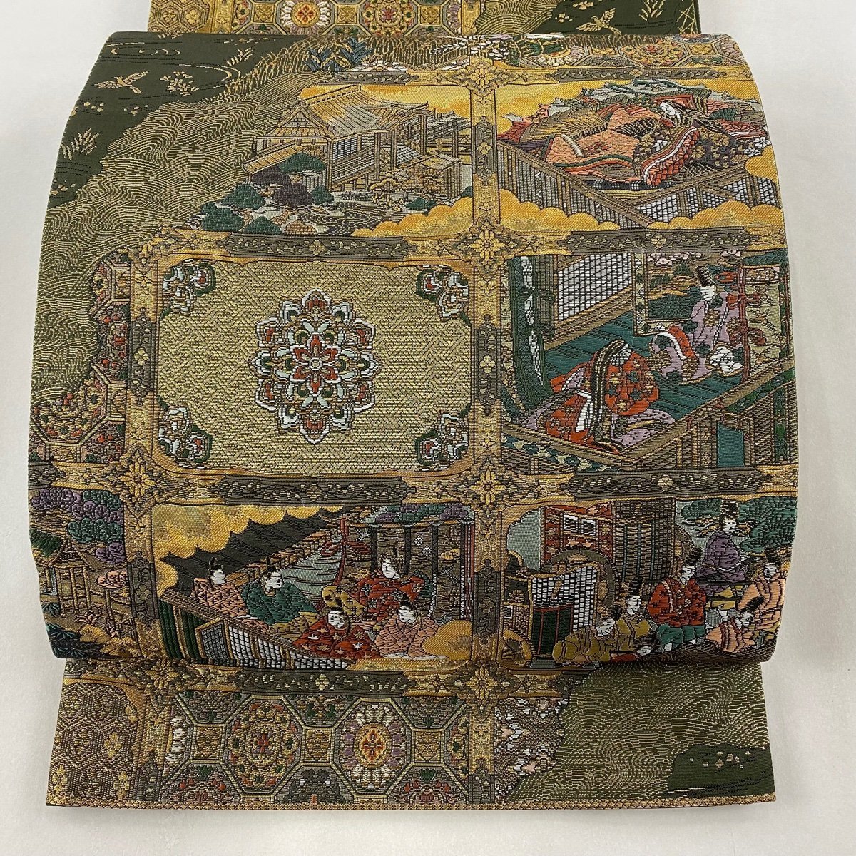 袋帯 美品 秀品 格天井 人物 箔 金糸 茶緑色 六通 正絹 【中古】