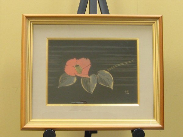 【心庵】額装　輪島塗　巨匠　角偉三郎　沈金「椿図」　ケース入　TF063