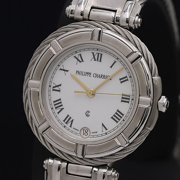 1円 稼働 美品 QZ フィリップシャリオール 11.9.596 デイト 白文字盤 ボーイズ/メンズ腕時計 KOR 0078100
