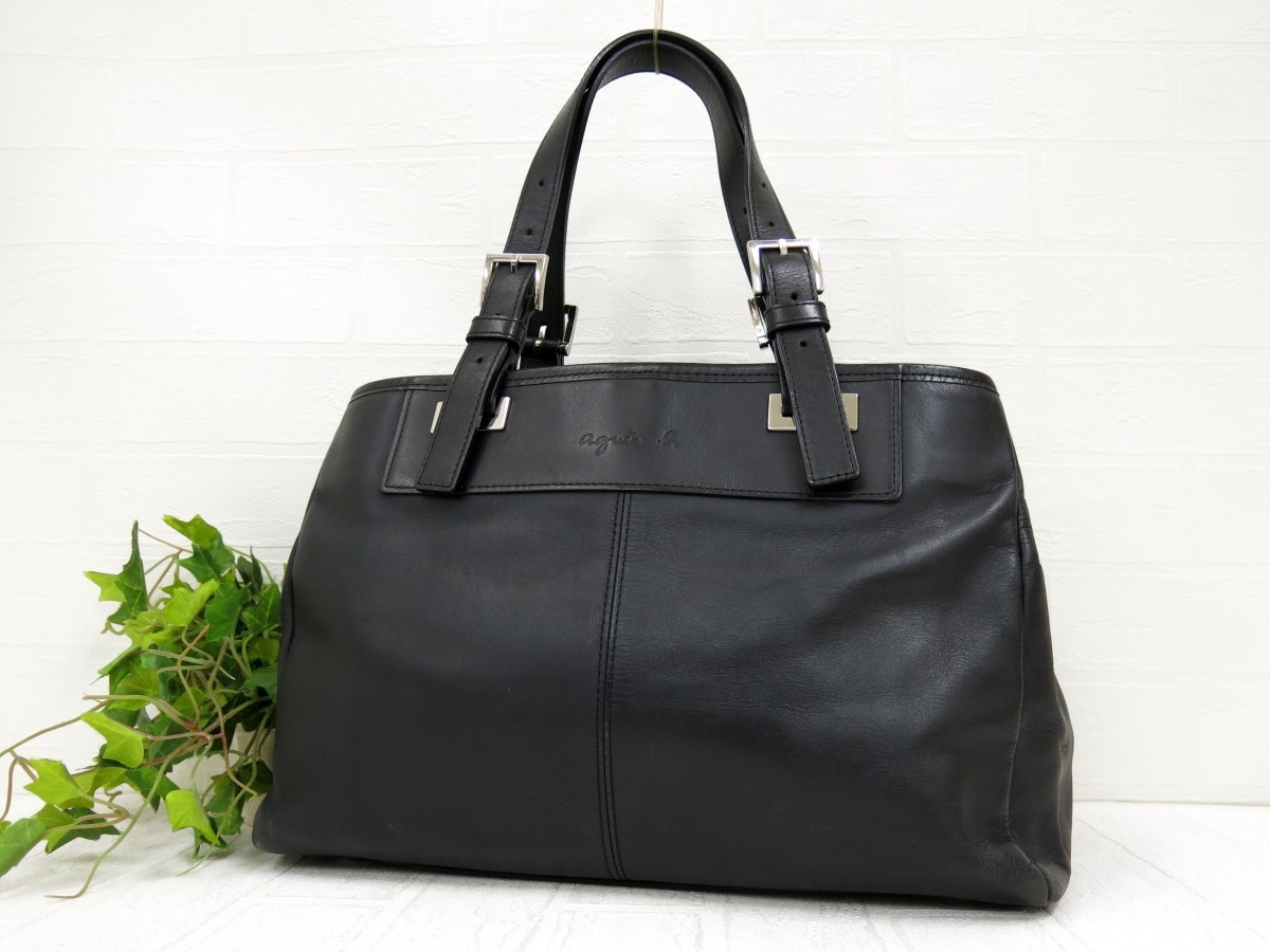 agnes b. アニエスベー◆カーフ レザー 本革◆ハンド トート バッグ◆ブラック シルバー金具◆超美品◆ロゴ型押し◆腕掛け◆N6224