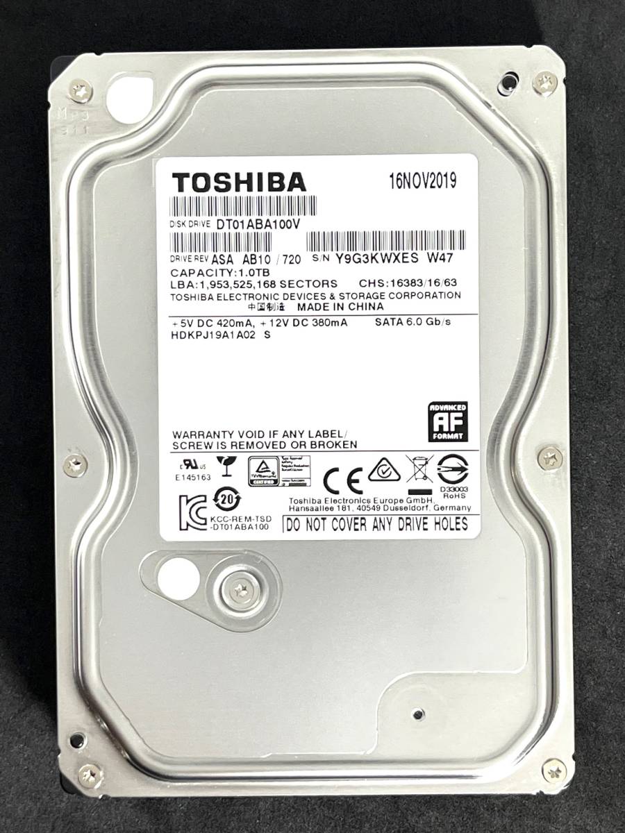 【送料無料】 ★ 1TB ★　TOSHIBA / DT01ABA100V 【使用時間： 354 ｈ】2019年製　稼働少　3.5インチ内蔵 HDD　SATA　東芝　AVコマンド対応