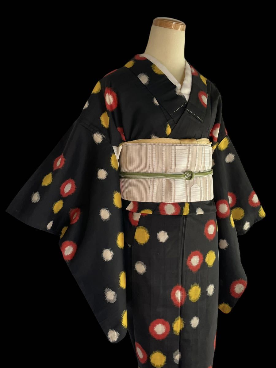 【まり葉屋】アンティーク着物　銘仙　単衣　ドット　大正ロマン　昭和モダン　斜め模様