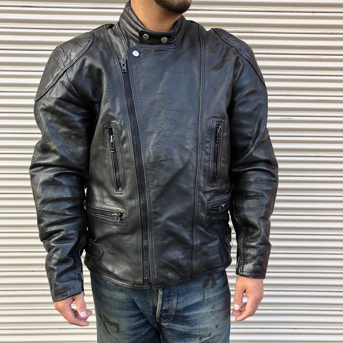 80s Euro Vintage UK Rauf レザー ダブル ライダースジャケット 肩プロテクター レーシング ロンジャン 70s ヴィンテージ 46 ビッグサイズ