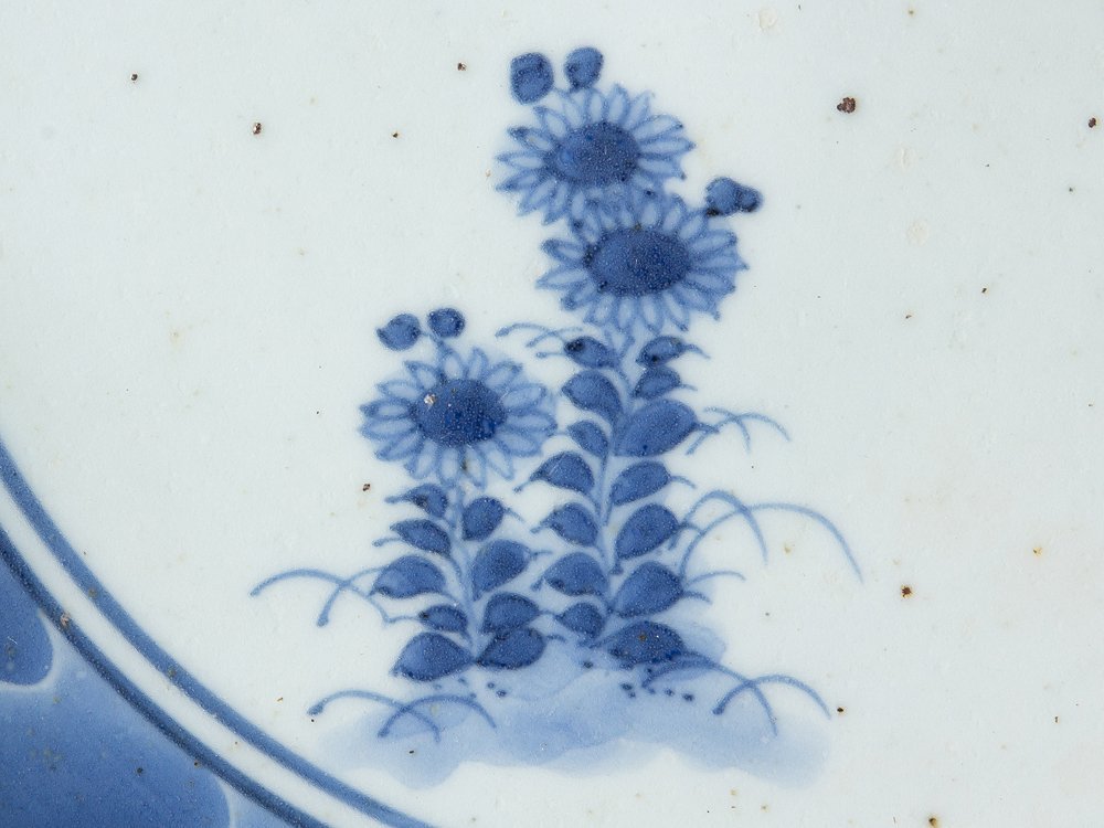 古伊万里 【五】藍九谷 古伊万里染付菊花蝶文皿 江戸前期 江戸