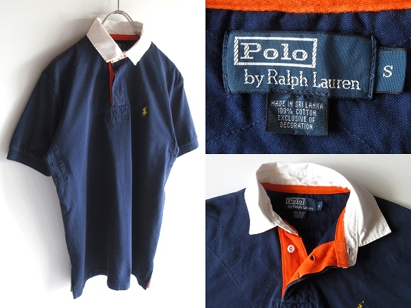 ネコポス対応 Polo by Ralph Lauren ラルフローレン ポロポニーロゴ刺繍 コットン鹿の子 半袖 ラガーシャツ ポロシャツ S ネイビー 紺