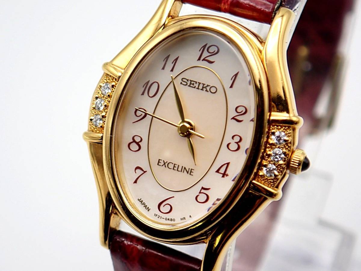 稼働 良品☆SEIKO セイコー QZ 1F21-5F50 エクセリーヌ 石付 オーバル 