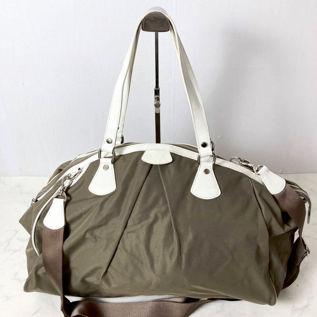 230727 美品 アニエスベー 大容量2wayナイロンレザー ショルダーバッグ ボストンバッグ カーキ agnes.b 男女兼用(メンズレディース)