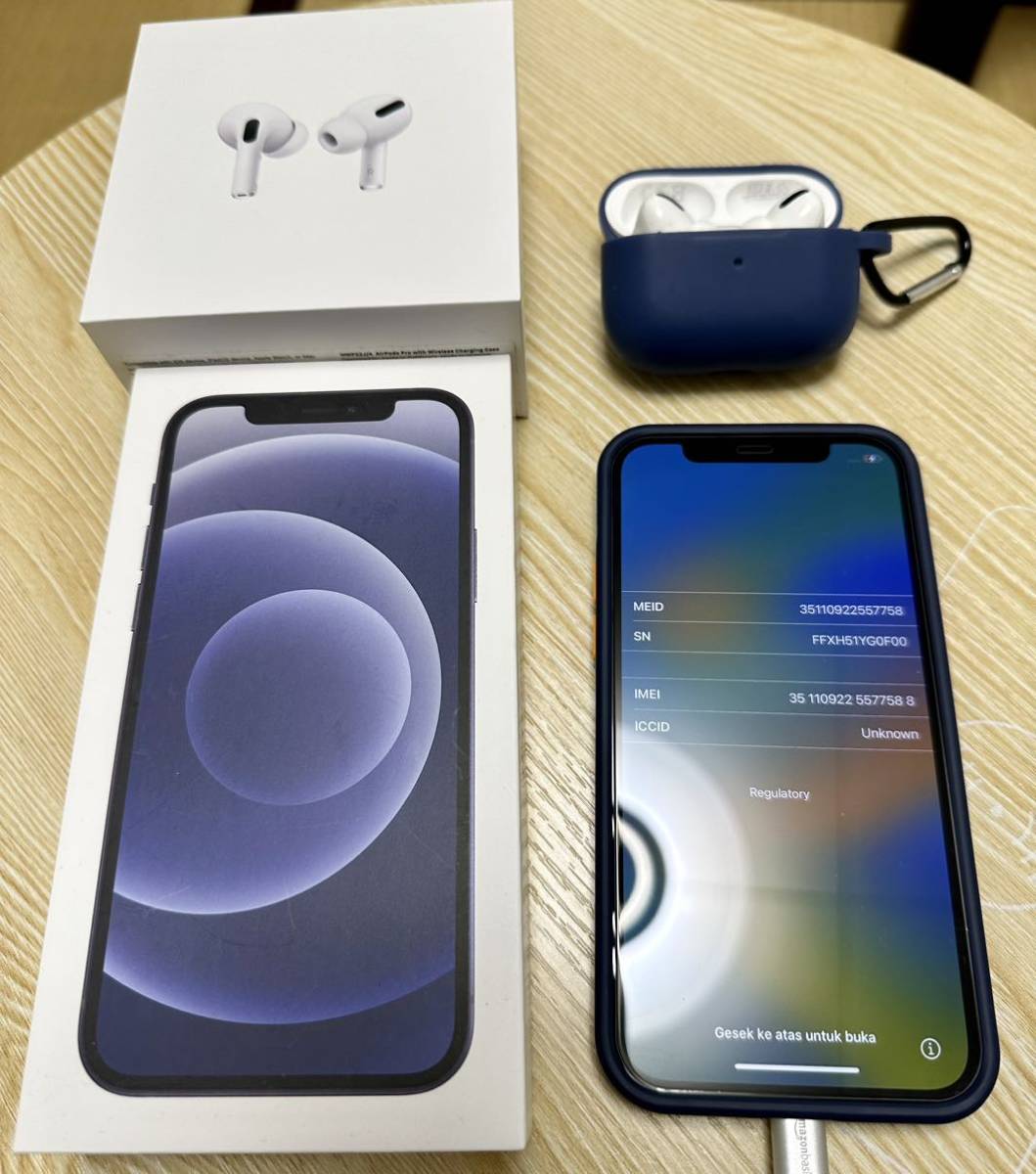 【SIMフリー】Apple iPhone12 64GB BLACK + Apple AirPodsPro (箱+フィルム+やっすいカバー付)
