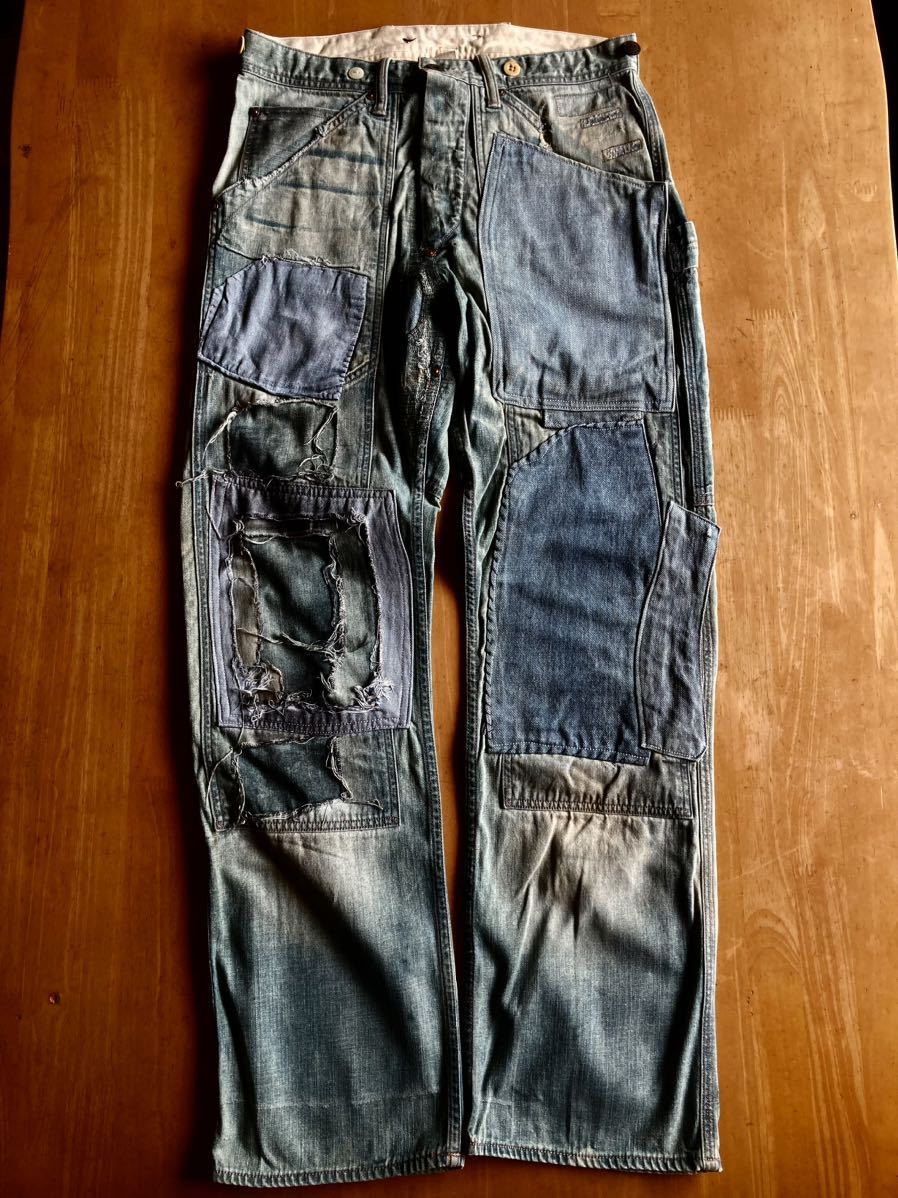 名作 RRL パッチワークバックルバックデニム29/30 USA製 サスペンダー 
