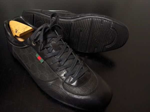 美品 グッチ9 GUCCI GGモノグラム コンビレザースニーカー 黒 7551