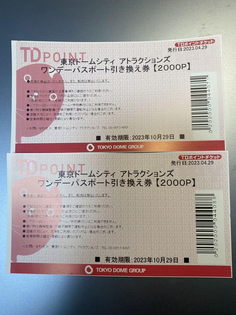 東京ドームシティ アトラクションズ ワンデーパスポート引換券✖️2枚 
