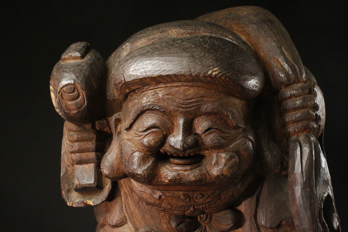LIG】左光金作 時代木彫 大黒天像 大作58㎝ 細密造 昭和年号 旧家収蔵