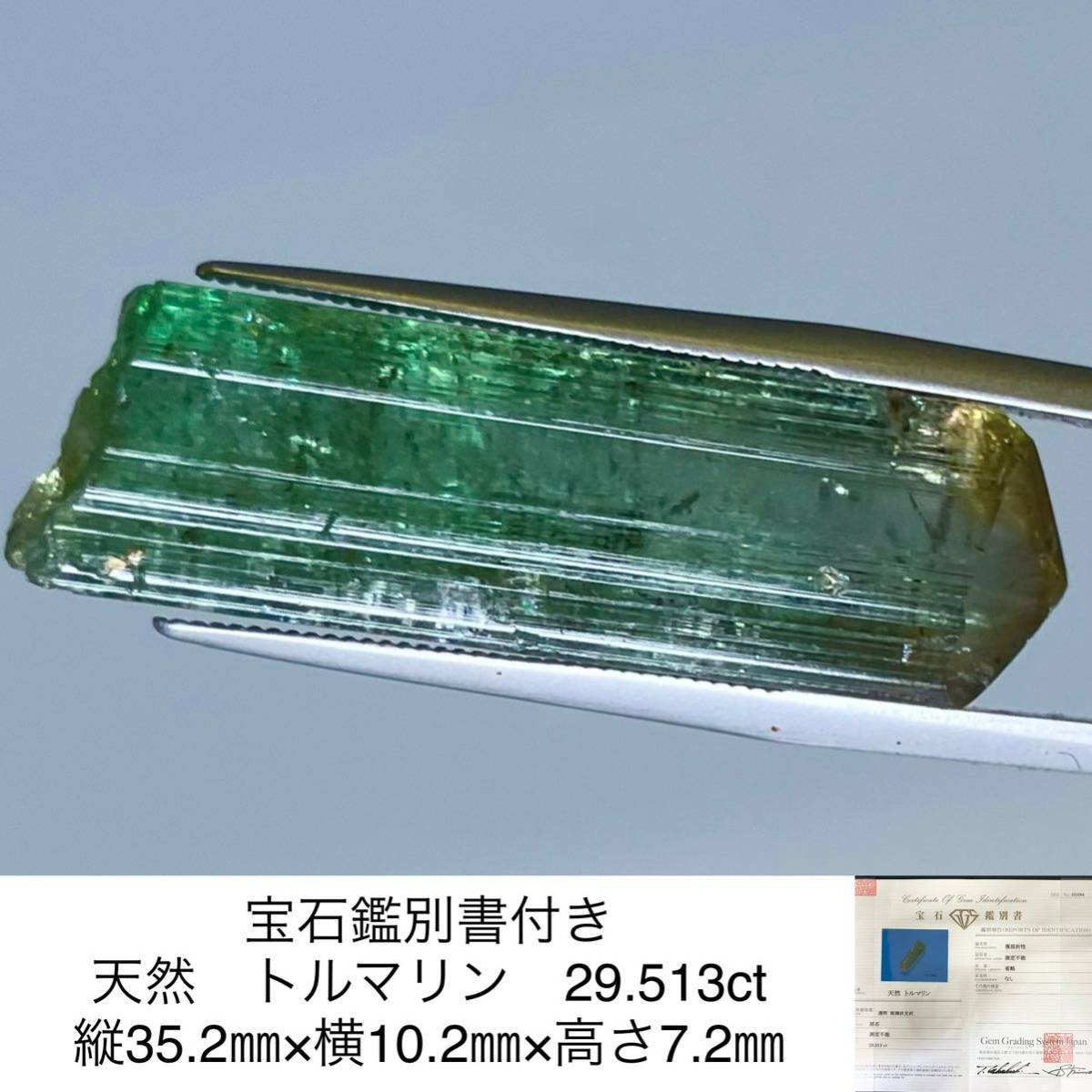 宝石鑑別書付き 天然　トルマリン 29.513ct 縦35.2㎜×横10.2㎜×高さ7.2㎜ 2698S