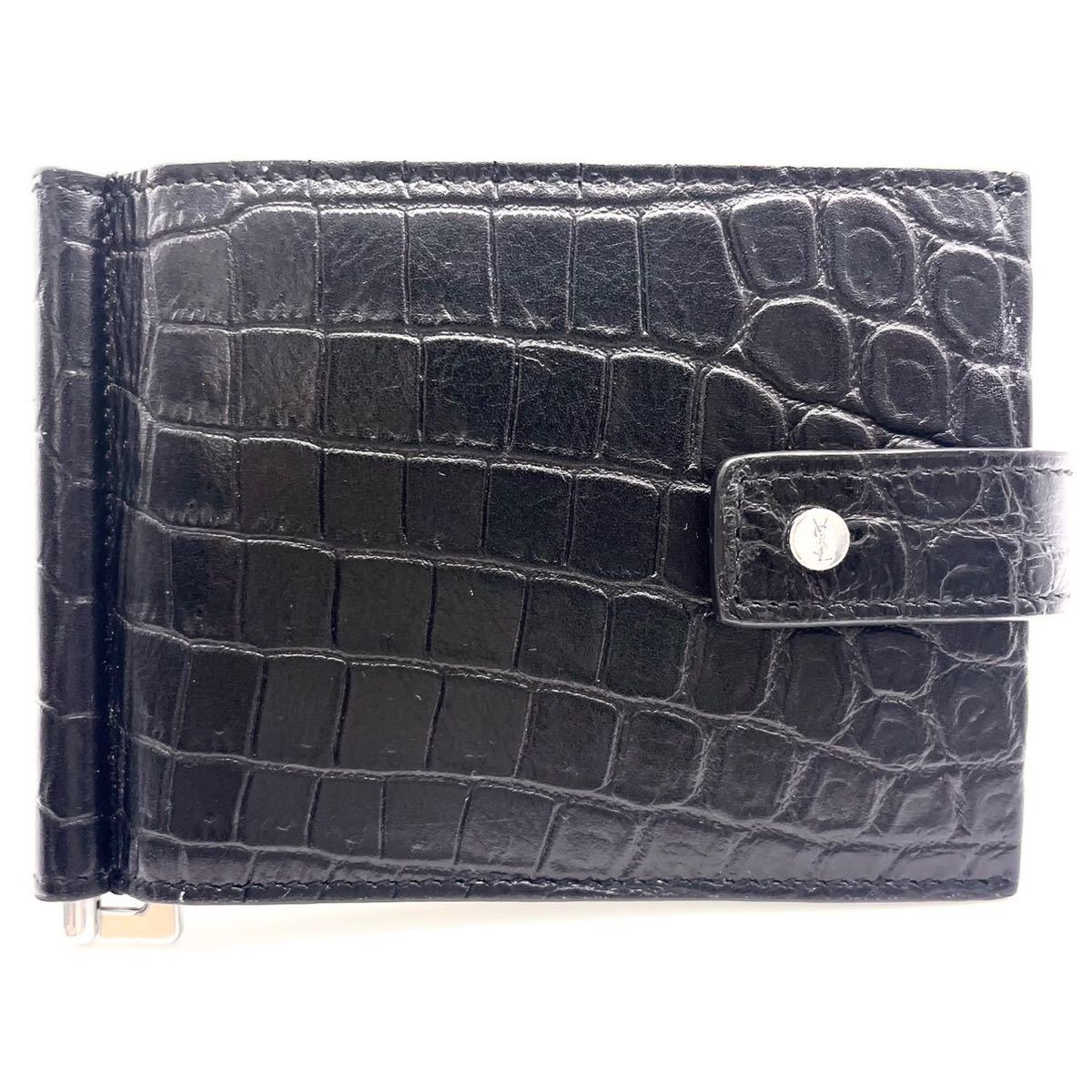 1円 【美品】 サンローラン マネークリップ クロコ レザー ブラック