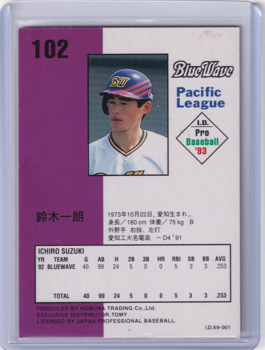 野球カード】1993 オリックス/鈴木一朗 イチロー◆ルーキーカード イチローRC】1993 IDカード #102 鈴木一朗 ルーキーカード