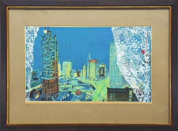真作】【WISH】北岡文雄「シカゴ夜景」木版画 10号大 1969年作 直筆