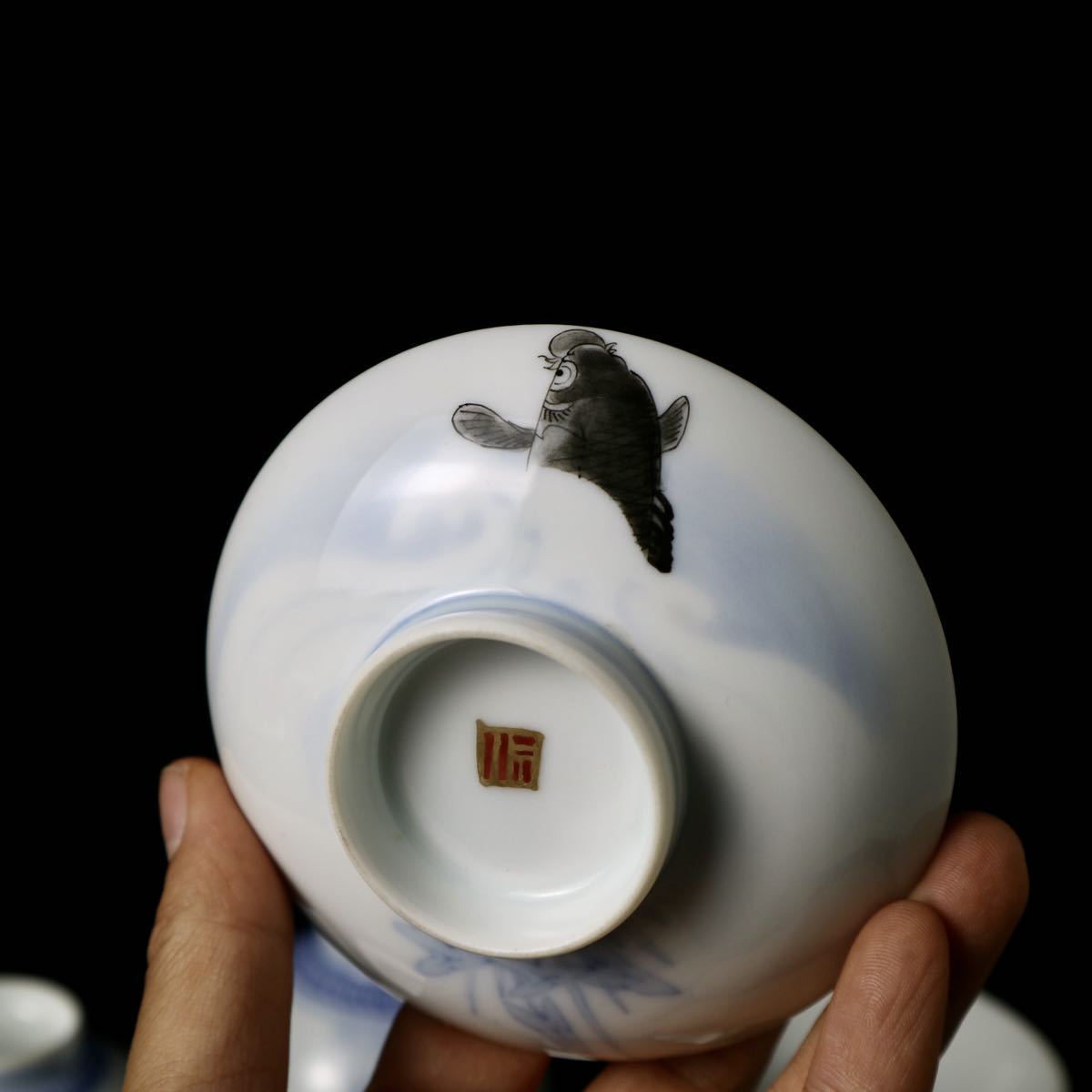 源六焼富永源六 希少な染付の蓋付茶碗 鯉のぼりの絵 5客 煎茶道具 青花