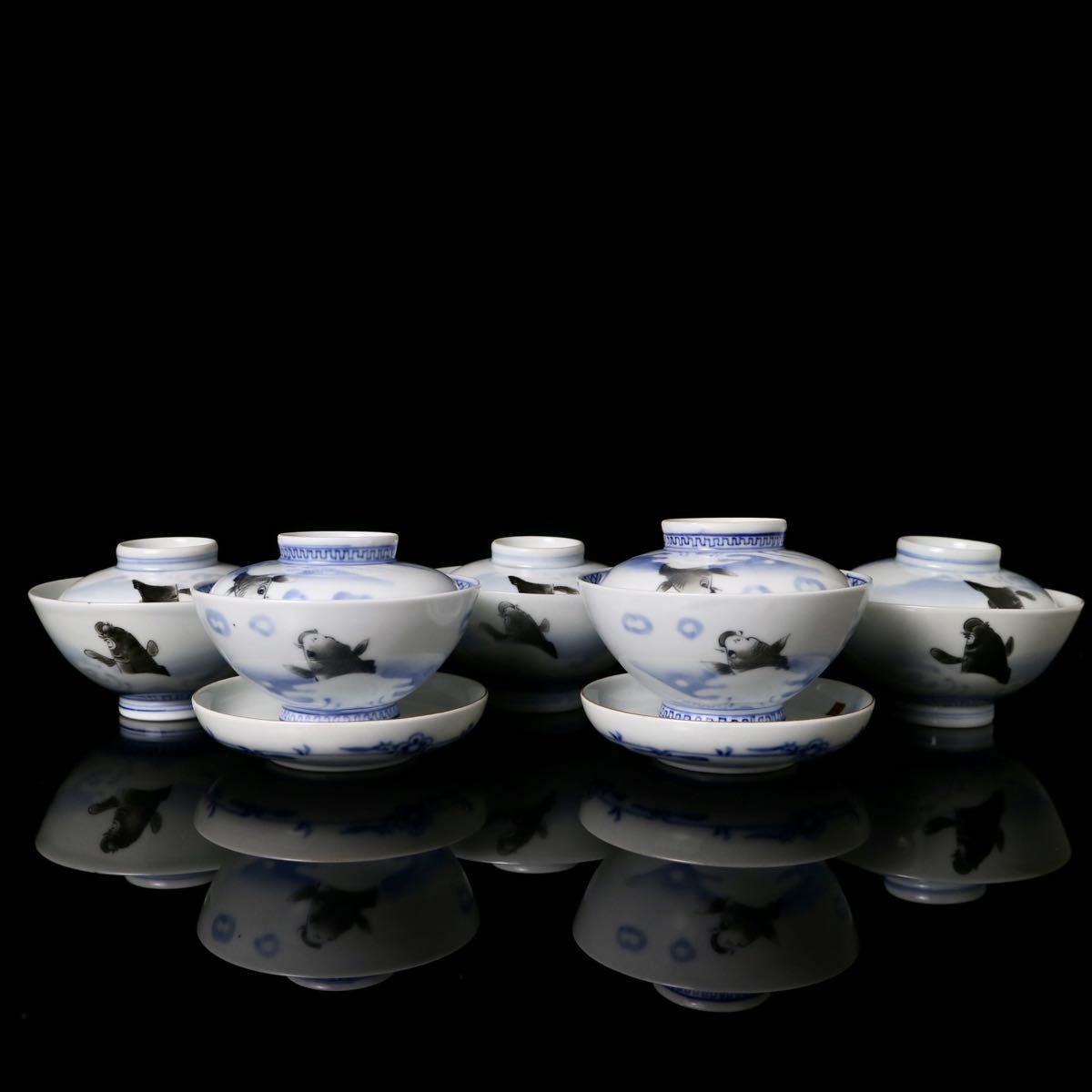 源六焼富永源六 希少な染付の蓋付茶碗 鯉のぼりの絵 5客 煎茶道具 青花