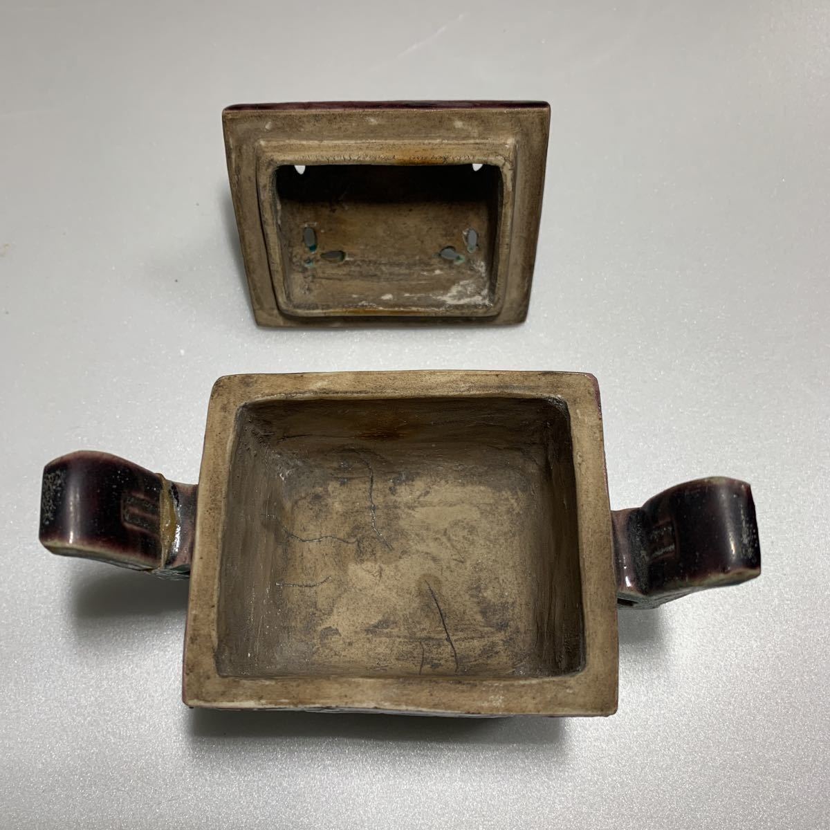 偕楽園焼 葵文紫交趾 獅子双耳香炉 日本美術 骨董品 香