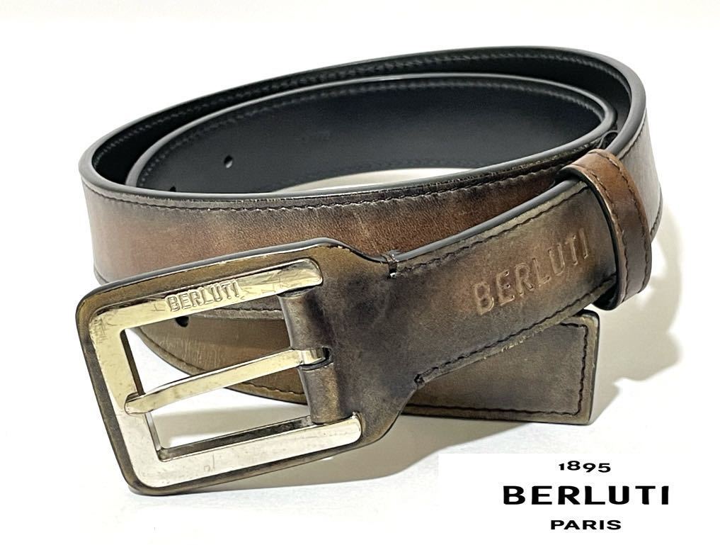 希少 Berluti ベルルッティ レザー ベルト ロゴ シルバー金具 80/32 ブラウン イタリア製 正規品