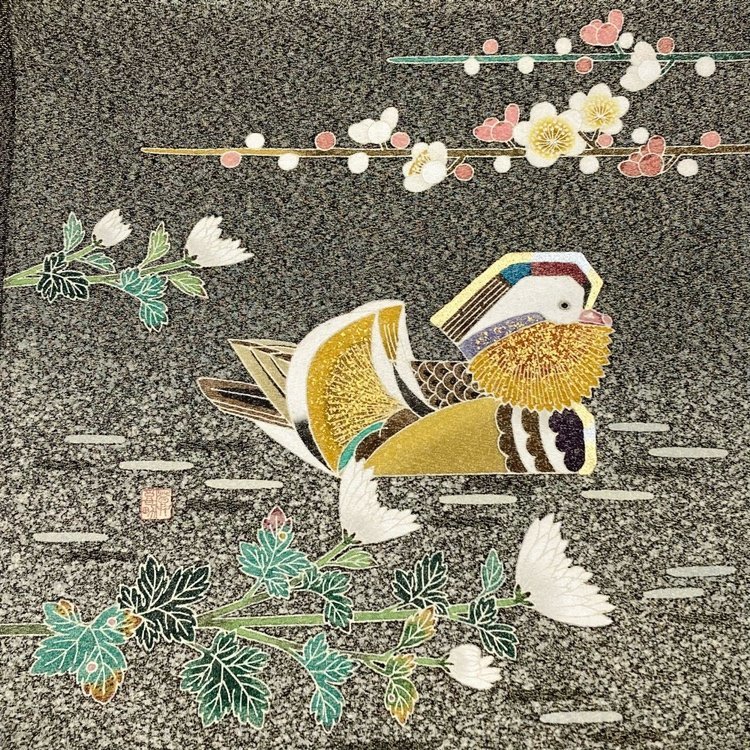 袋帯 人間国宝 羽田登喜男 落款 金彩 鴛鴦 流水 梅 グリーン ブラック 帯丈448cm 帯幅31.5cm y124-2084932【Y商品】和装 着物5