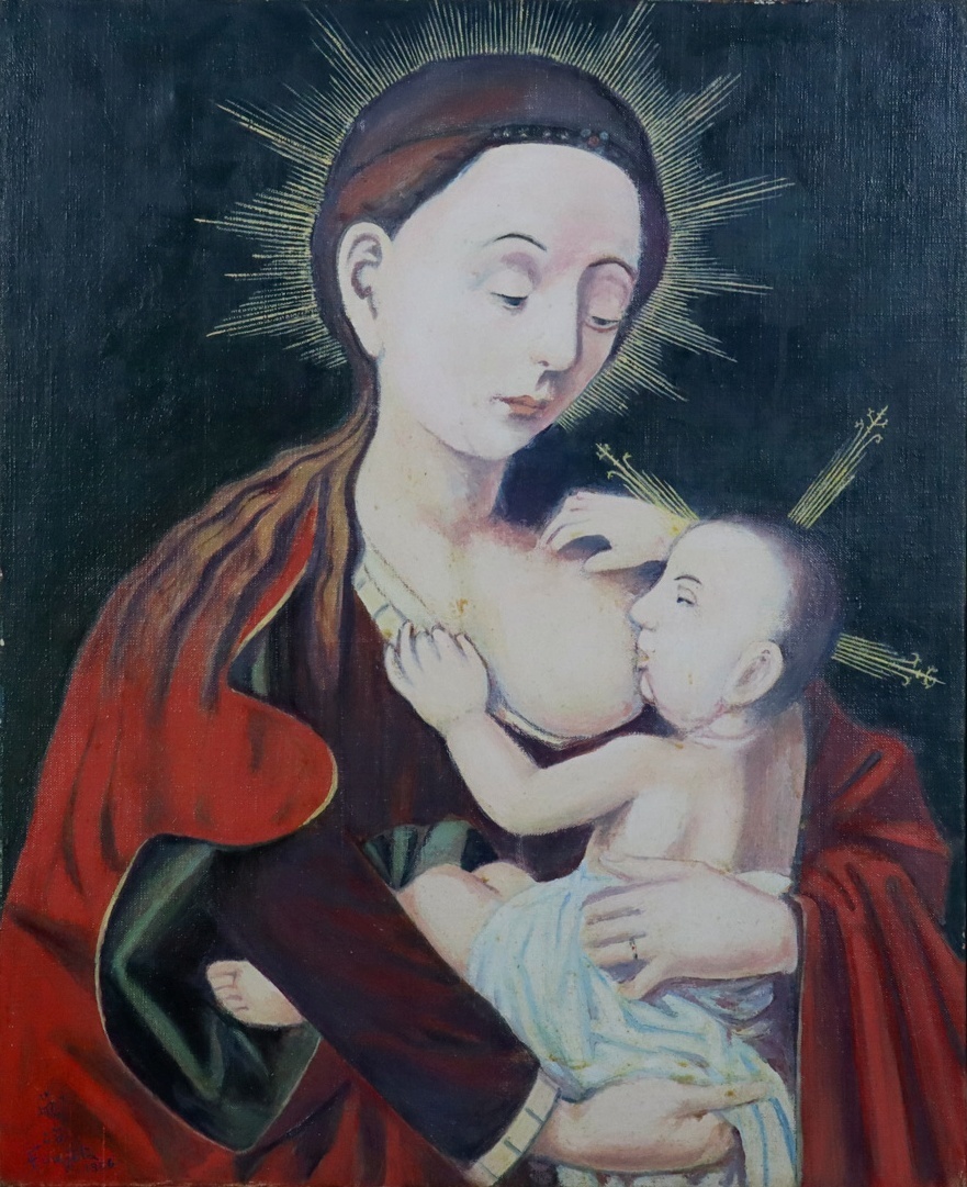 F6藤田嗣治（バルコニーの猫と少女））肉筆品⁄表裏サイン有⁄手描