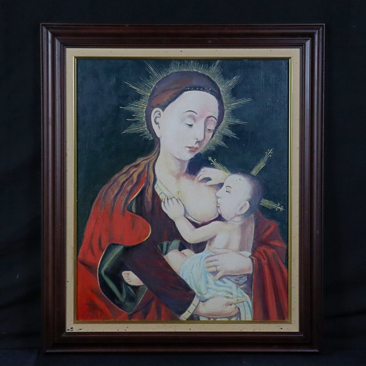 F6藤田嗣治（バルコニーの猫と少女））肉筆品⁄表裏サイン有⁄手描