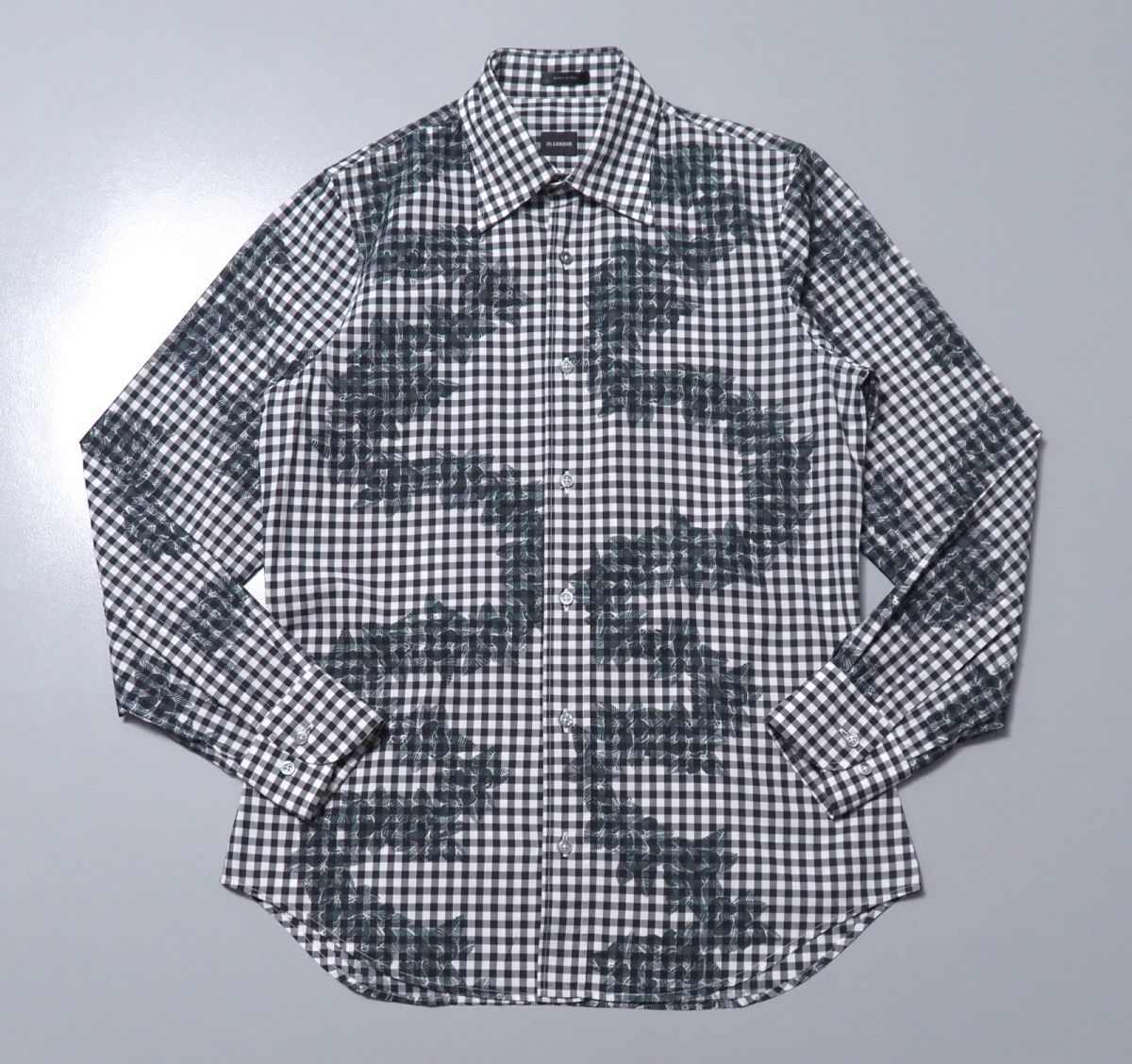 TF8071◇イタリア製 ジルサンダー/JIL SANDER メンズ38 フラワープリント 長袖 チェックシャツ レギュラーシャツ 黒×白×緑系