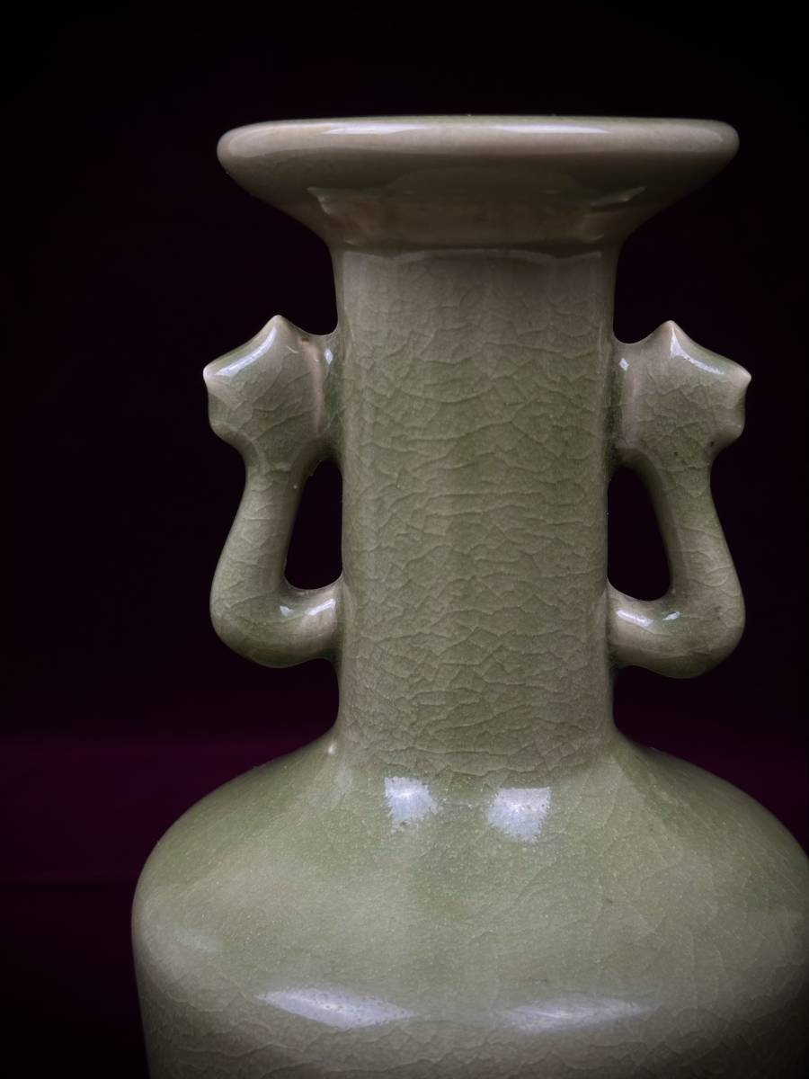 中国龍泉窯 鳳凰双耳花瓶 青磁花瓶 中国美術 青磁花瓶 鳳凰双耳 高さ23.6cm［検索/龍泉窯 白磁 高麗 李朝